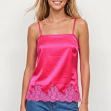Square Neck Lace Trim Satin Cami: Black / L