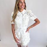 WHITE LACE BELTED MINI DRESS