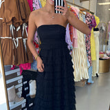 BLACK RUFFLE TIERED STRAPLESS MAXI DRESS