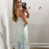 BABY BLUE PEARL RUFFLE MIDI DRESS