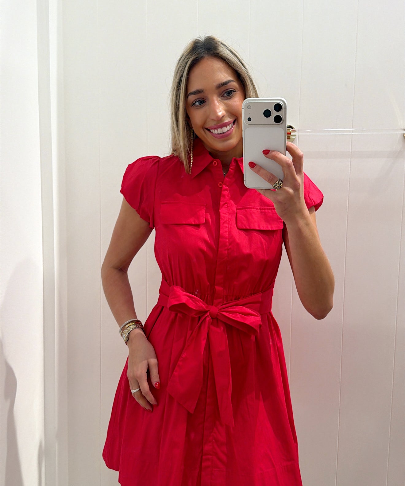 RED PUFF SLEEVE TIE BOW DRESS