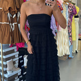 BLACK RUFFLE TIERED STRAPLESS MAXI DRESS