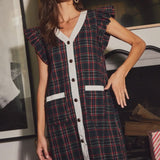 Black Plaid Button Dress