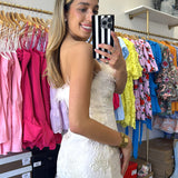 WHITE STRAPLESS FUR MINI JACQUARD DRESS