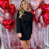 BLACK STRAPLESS BABY DOLL TIE DRESS