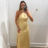 YELLOW SCARF ONE SHOULDER SATIN MAXI DRESS