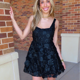 Black Square Neckline 3D Floral Embroidered Dress