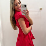 RED PUFF SLEEVE TIE BOW DRESS