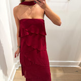 BURGUNDY SCARF MAXI RUFFLE FLOW DRESS