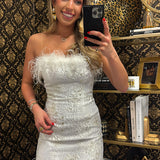 WHITE STRAPLESS FUR MINI JACQUARD DRESS