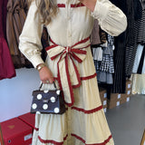 BEIGE SCALLOPED MIDI DRESS