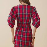 Red Plaid Ruffle Sleeve Detail Dress