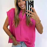 FUCHSIA V NECK SHORT SLEEVE TOP