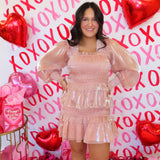 ROSE SHEEN SMOCKED LONG SLEEVE MINI DRESS