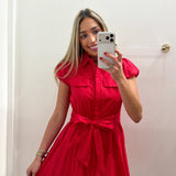 RED PUFF SLEEVE TIE BOW DRESS