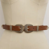 Brown Double Buckle Faux Leather Western Style Belt