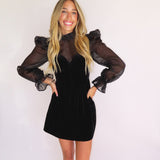 BLACK VELVET PUFF SLEEVE MINI DRESS (size medium left)