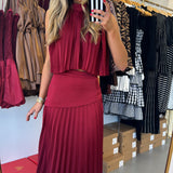 Burgundy Mock Neck Pleated Flow Set