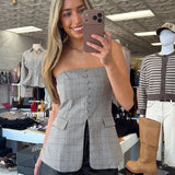 WF PLAID STRAPLESS BUTTON DETAIL TOP