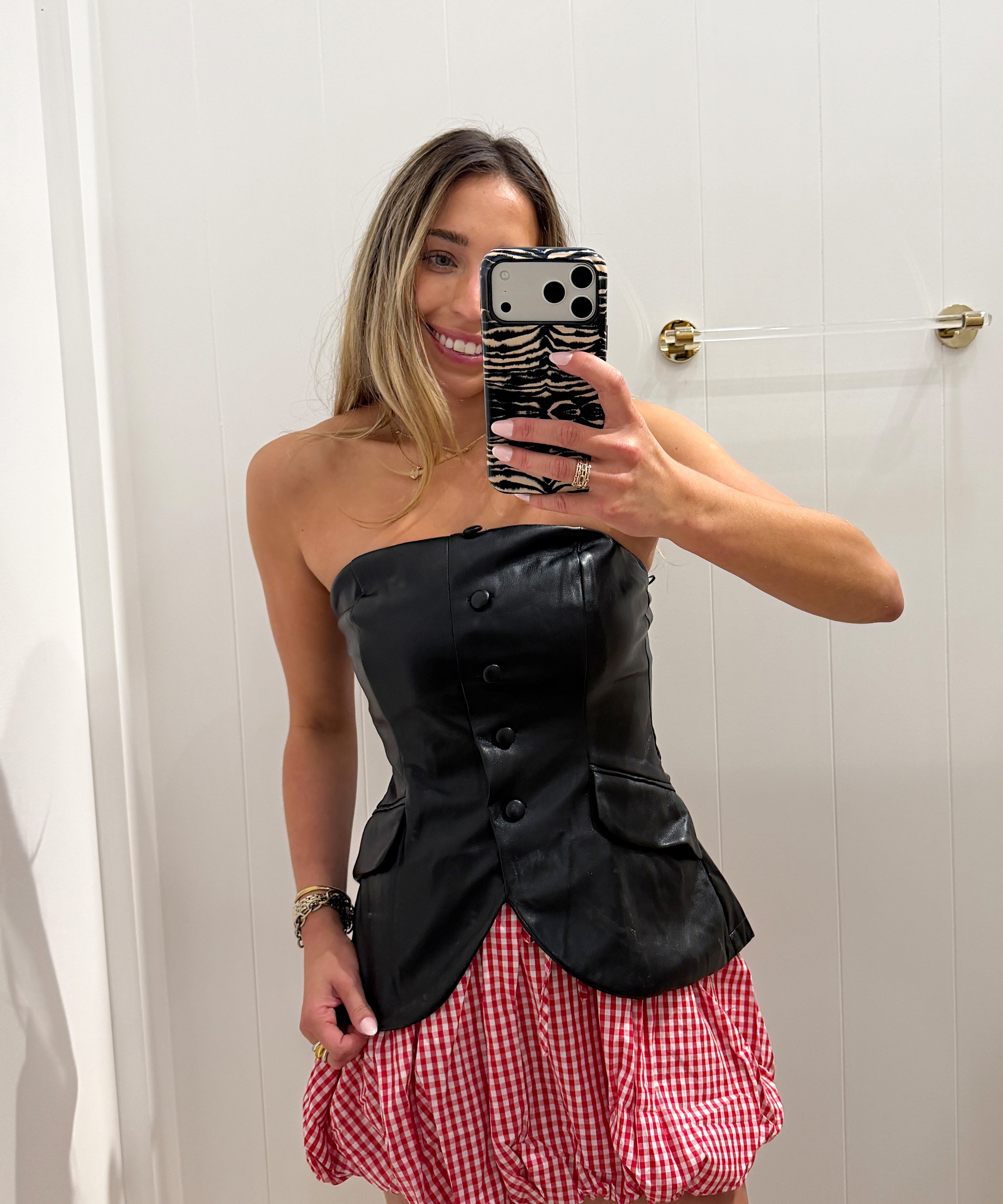 RED GINGHAM BUBBLE MINI SKIRT