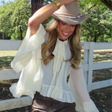 IVORY RUFFLE CHIFFON BLOUSE BELL SLEEVE TOP