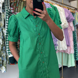 KELLY GREEN BUTTON SCALLOPED DRESS
