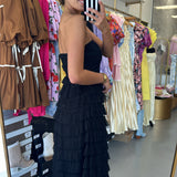 BLACK RUFFLE TIERED STRAPLESS MAXI DRESS
