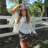 IVORY RUFFLE CHIFFON BLOUSE BELL SLEEVE TOP