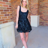 Black Square Neckline 3D Floral Embroidered Dress