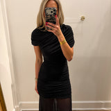 LBK BLACK RUCHED LAYERED MESH MAXI DRESS