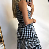 CHECKERED BELT RUFFLE MIDI DRESS