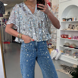 Silver Sequin V Neck Blouse