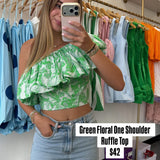 GREEN FLORAL ONE SHOULDER RUFFLE TOP