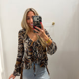 TIGER STRIPE RUFFLE TIE BLOUSE