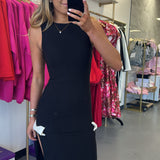 BLACK HIGH SLIT BOW MAXI DRESS