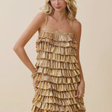 Gold Metallic Layered Pleated Dress