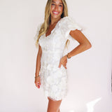 WHITE 3D FLORAL APPLIQUE MINI DRESS