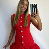 RED BUBBLE HEM BUTTONED MINI DRESS