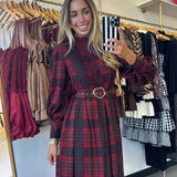 Red Plaid Bubble Sleeve Maxi Dress