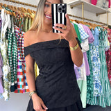 Black Jacquard Off The Shoulder Pleated Dress