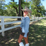 Denim Ruffle Chambray Blouse