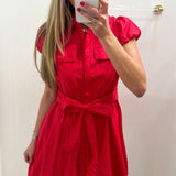 RED PUFF SLEEVE TIE BOW DRESS