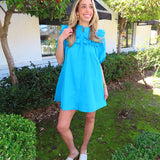 TURQUOISE PUFF SLEEVE RUFFLE DRESS (size large left)