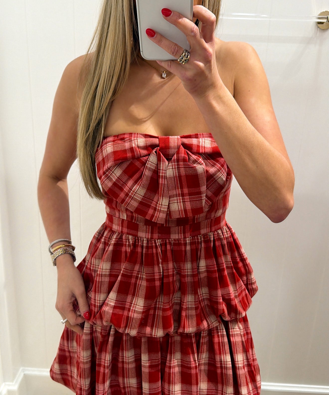 LBK RED PLAID BOW MINI DRESS