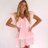 PINK PIN STRIPED DOUBLE RUFFLE MINI DRESS (size large left)