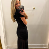 LBK BLACK RUCHED LAYERED MESH MAXI DRESS