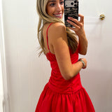 LBK RED RUCHED BUBBLE HEM DRESS