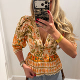 LBK ORANGE FLORAL PEPLUM BUTTON TOP