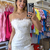 WHITE STRAPLESS FUR MINI JACQUARD DRESS