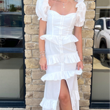 WHITE FRONT BUTTON TIERED MAXI DRESS (size large left)